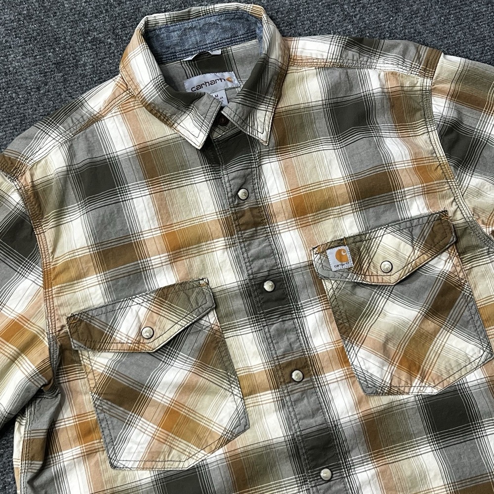 Carhartt Mens Medium Relaxed Fit Plaid Pearl Snap Short Sleeve Shirt